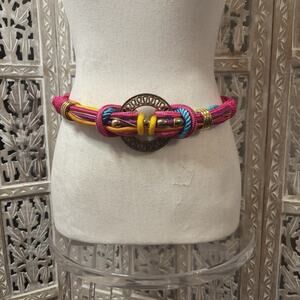 Vintage 1980's Women's Multicolor WOVEN ROPE Belt w/Bronze Medallion Boho Hippie